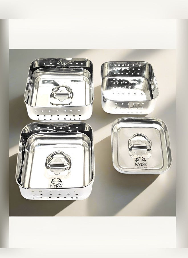 Nyra Kitchenware Stainless Steel Square Medium Colander Strainer with Top Press Lid - Image 4